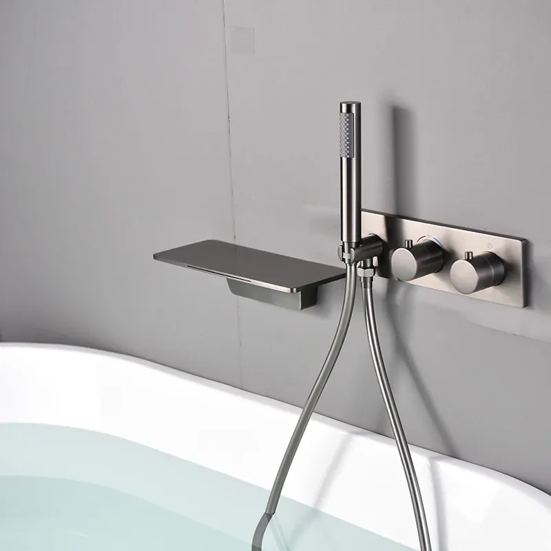 Description Picture 2 of itemBrushed Gold Thermostat Bathtub Shower Faucet Set Brass Hot & Cold Mixer Tap With Handheld In-Wall Waterfall Type Gun Gray/Black