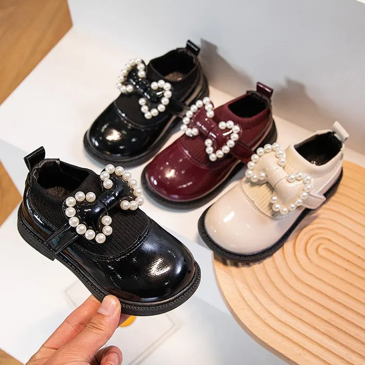 

Baby Casual Shoes Children Girl Princess Shoe Korean Style PU Leather Bow Falt Kids Sneakers Show Non-Slip Toddler Running Shoes