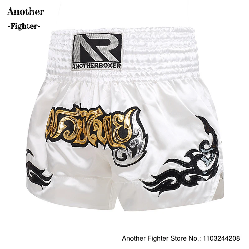 Muay Thai Boxing Shorts Men Women Kids Embroidery Combat MMA Trunks Satin Grappling Kickboxing Cage Fight Muay Thai Pants White