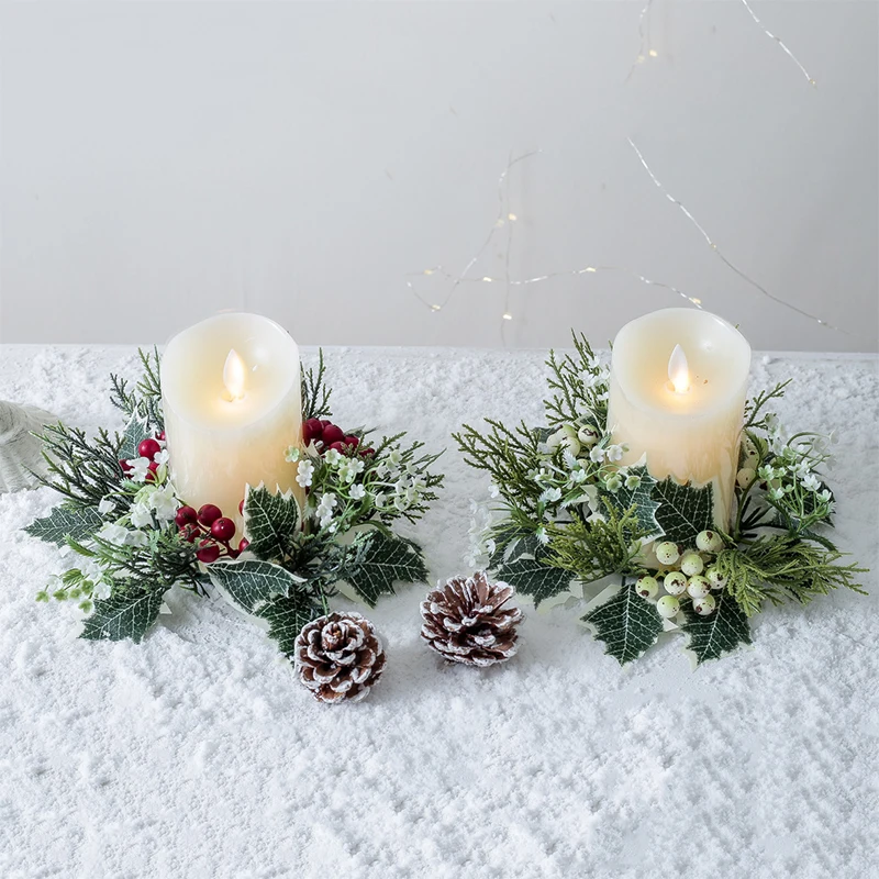 

1PC Artificial Christmas Candlestick Wreath Fake Plants Berries Candle Aromatherapy Garland Ring Holder Home Table Centerpiece D