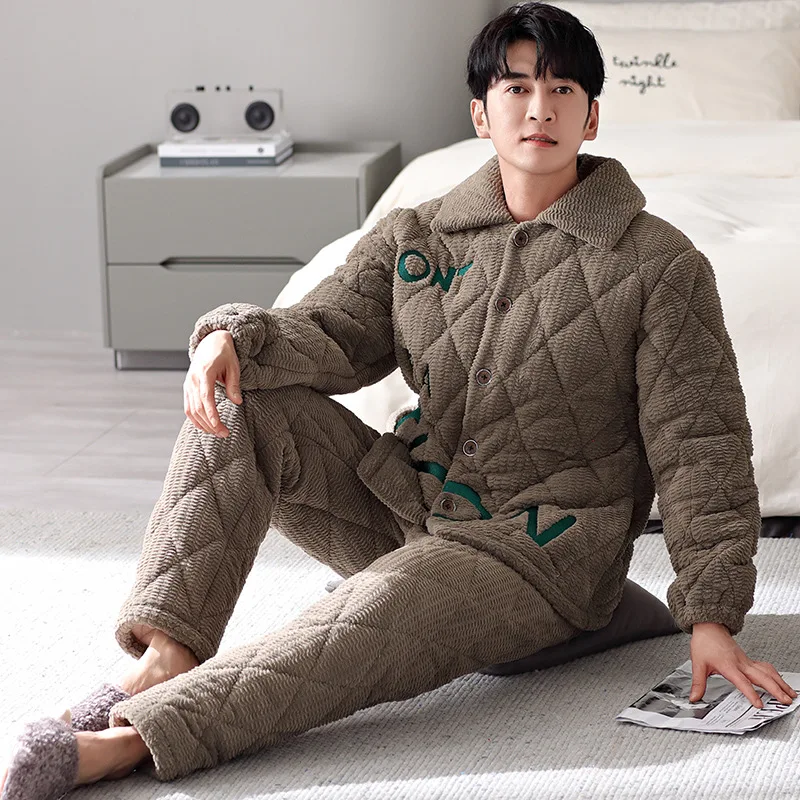 Winter men's pajamas for warmth and comfort, thickened cotton jacket for home wear, can be worn externally as a set