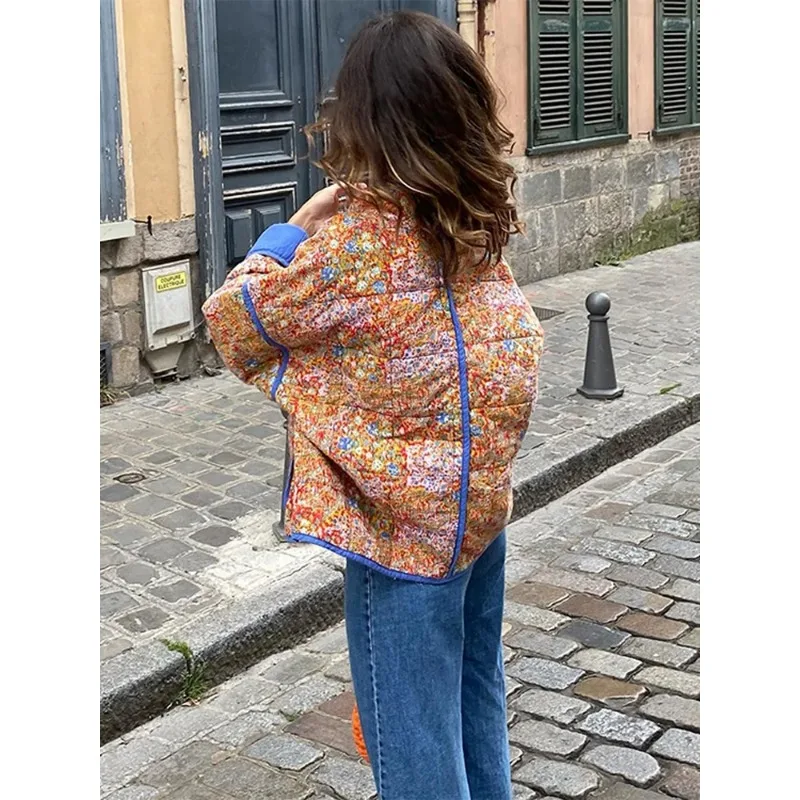 

Женская хлопковая куртка с длинным рукавом, свободная теплая винтажная куртка с цветочным принтом в уличном стиле, осень 2023