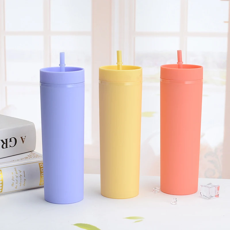 Wholesale 16oz Plastic Skinny Tumbler Slim Juice Cups Candy Colors With Lid  And Straw Portable Water Bottle For Party Gift - AliExpress
