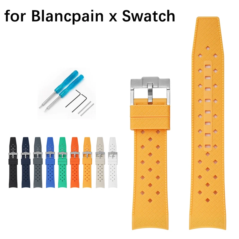 Cinturino In Silicone Con Estremità Curva Per Blancpain X Swatch Fibbia In Acciaio Inossidabile Fori Traspiranti 22Mm Sostituire Il Cinturino Dell'Oro