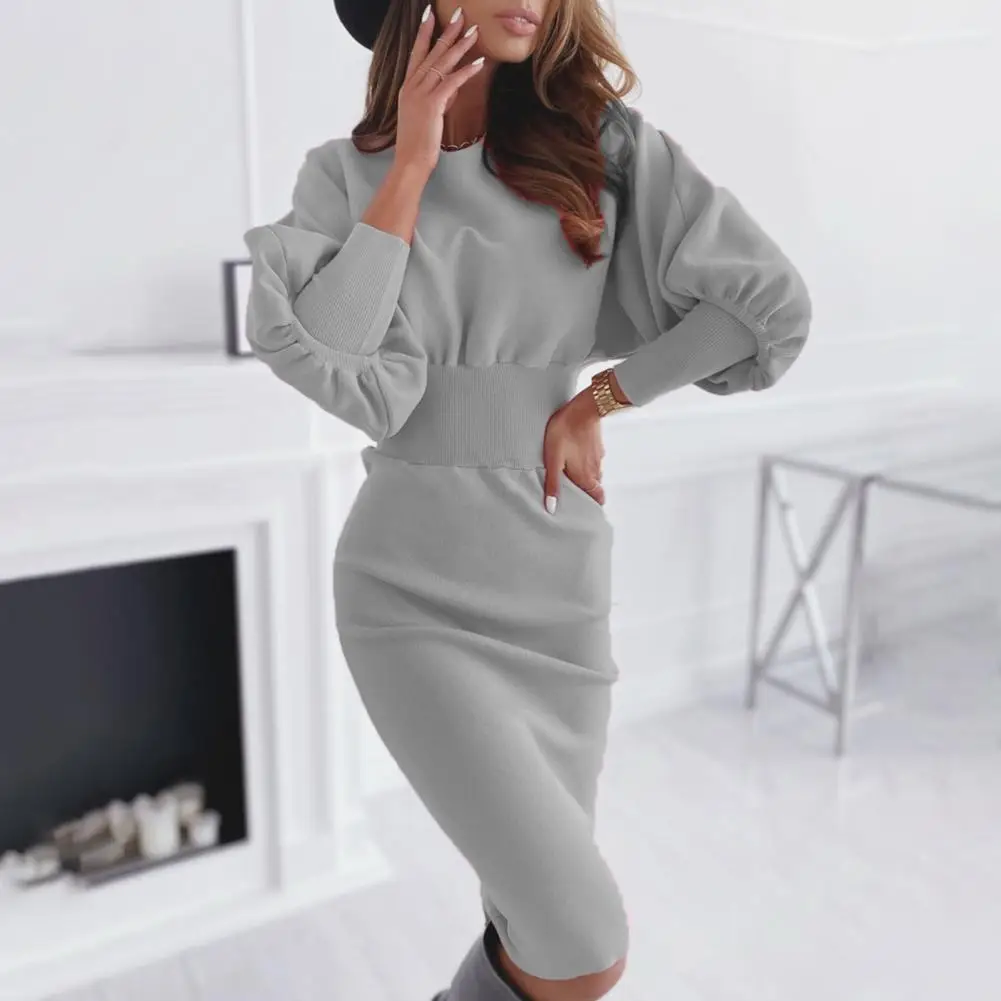 

Women Round Neck Long Sleeve Dress Cozy Solid Color Lantern Sleeve Midi Dress for Fall Winter High Waist Elastic Sheath Dress