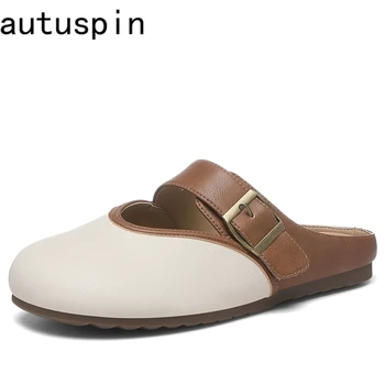 AUTUSPIN Women Shollow Shoes Fashion Leisure Microfiber Leather Slippers Round Toe Hollow Out Breathable Ladies Mules Slides