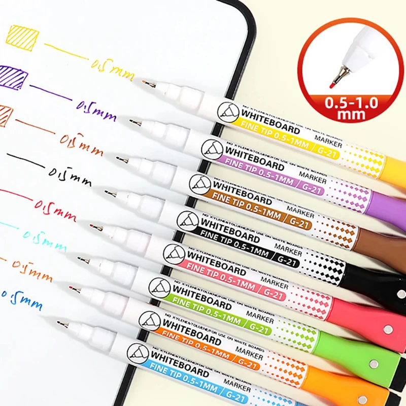 0.5mm Magnetic Dry Erase Markers Whiteboard Marker Pen for Office School Home Extra Fine Tip Colored Pens 8 Colors
