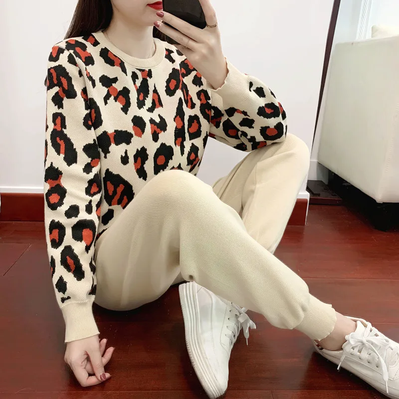 

Autumn Women's Long Sleeve Knit Leopard Pullover Sweaters+Elastic Waist Pants Sets Fashion Trousers Two Pieces Costumes Outfit