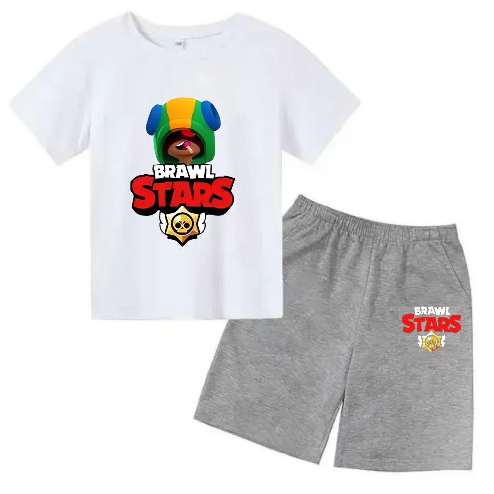 thumbnail image 1 of Conjunto de 2 camisetas y pantalones de manga corta con cuello redondo y estrellas para niños de 3 a 13 años, ropa para niños y niñas, 1 of 5