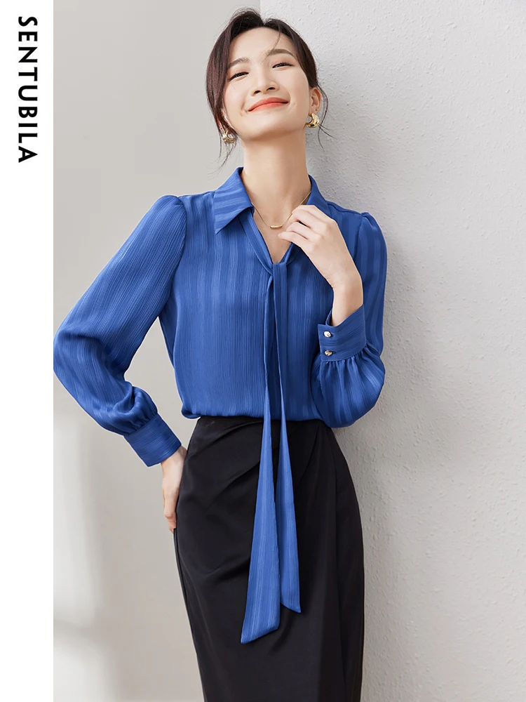 

SENTUBILA Women Elegant Blouse 2024 Spring Fashion Bow Shirt Collar Pullover Long Sleeve Tops for Office Work Clothing 133C49705