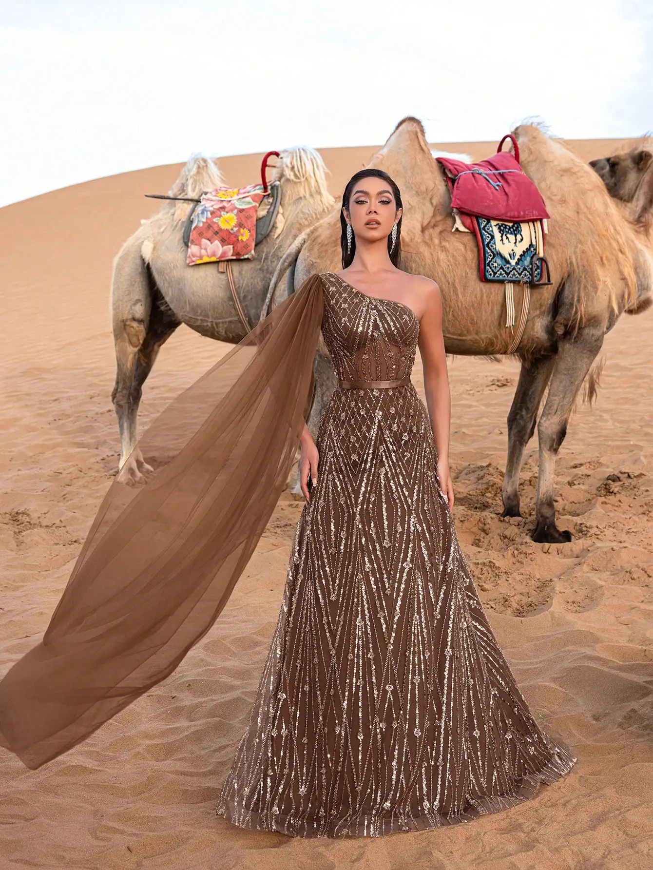 فساتين رسمية رائعة بكتف واحد وأكمام كيب مطرزة بالت...