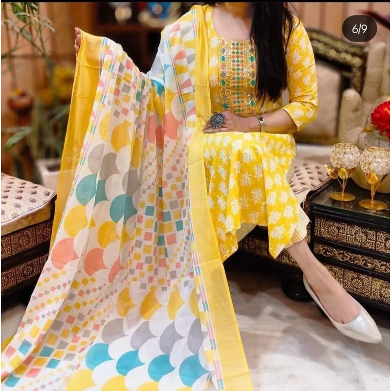 

Pakistani Salwar Kameez Yellow Embroidery Straight Kurti Pant Dupatta Salwar Kameez Women