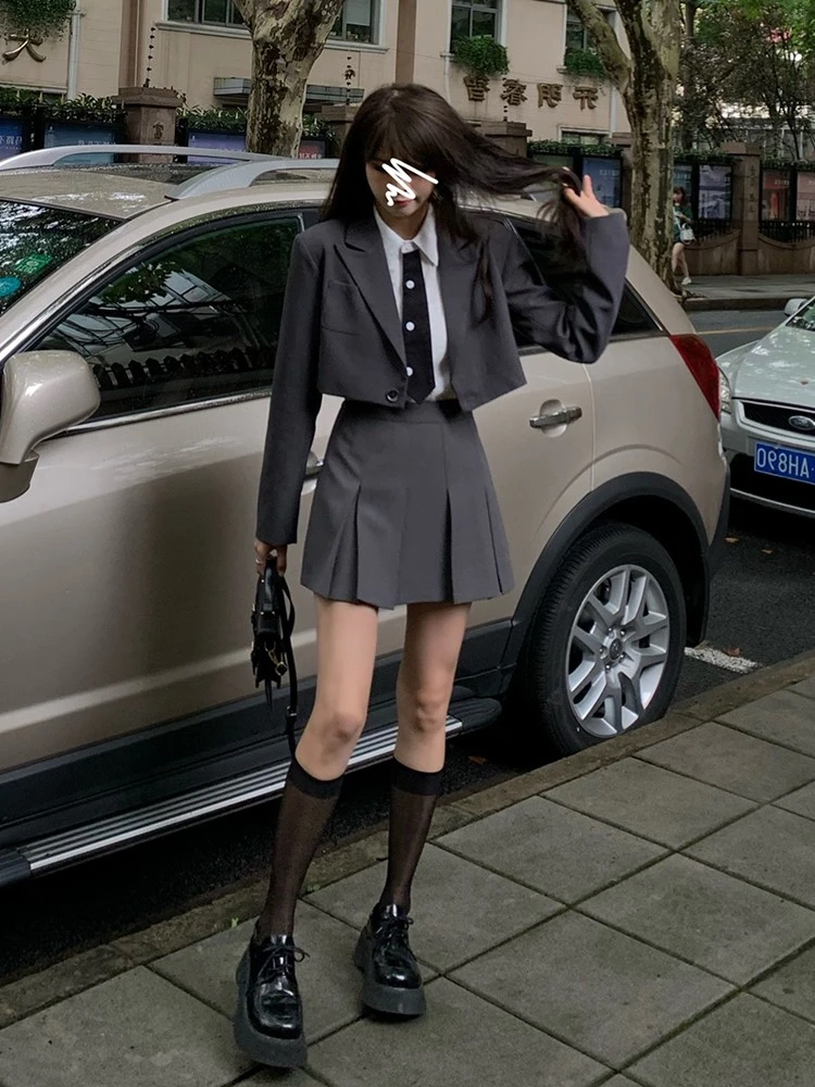 Xgoth Women Slim Blazer Suit JK Girl Autumn College Style Casual