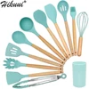Best Silicone Cooking Utensil Set Wooden Handle Spatula Soup Spoon Brush Ladle Pasta Colander Non-stick Cookware Kitchen Tools 5