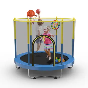 60" Trampoline for Kids with Net, 5FT Indoor & Outdoor Small Toddler Trampoline with Basketball Hoop & Dart Board for Ages 1-8, Birthday Gifts for Boys & Girls, Baby Toddler Christmas Toys