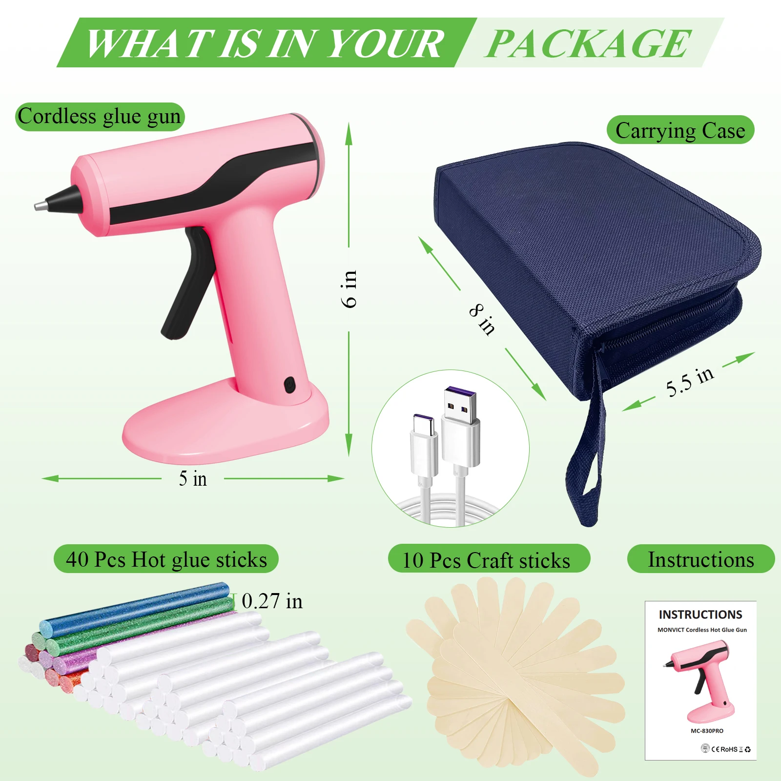 2200Amh Pink Cordless Hot Glue Gun Kit USB Chargeable Battery Charged with 40 Glue Sticks Carry Case 10 Wood Sticks Fast Heating 5