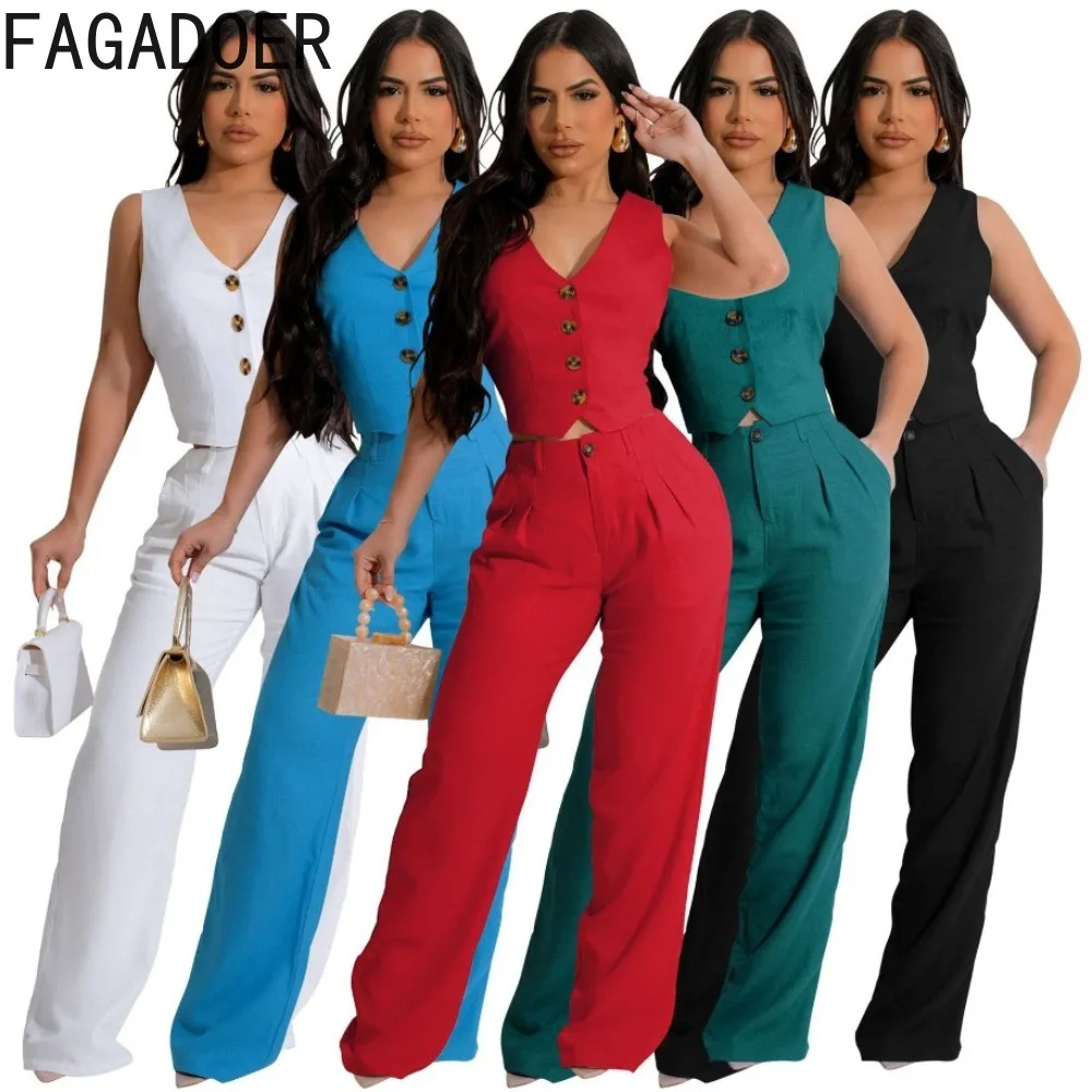 FAGADOER Elegant Lady Solid Color Office Wide Leg Pants Two Piece Sets Women V Neck Sleeveless Button Top And Pants Outfits 2024