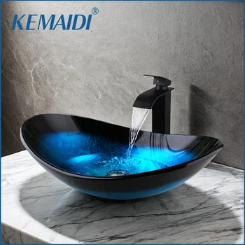KEMAIDI ห้องน้ําอ่างล้างจานกระจกนิรภัยอ่างล้างหน้าอ่างล้างจานสีดําน้ําตกก๊อกน้ําเคาน์เตอร์ห้องน้ําอ่างล้างหน้า 1