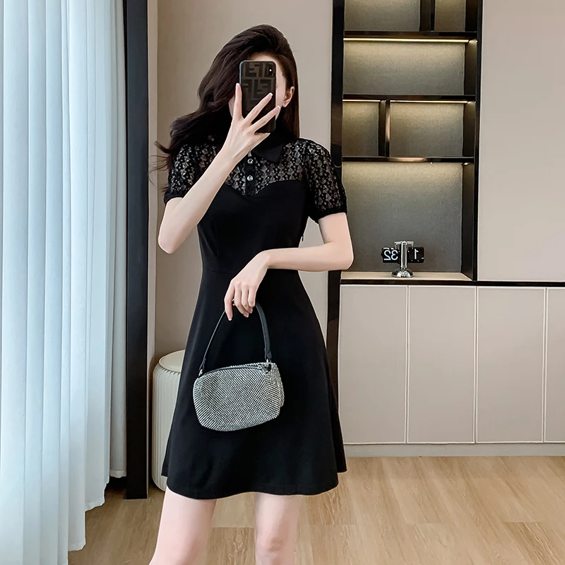 

Summer light mature style, small stature, slim temperament, high waist, POLO collar, lace dress, short skirt