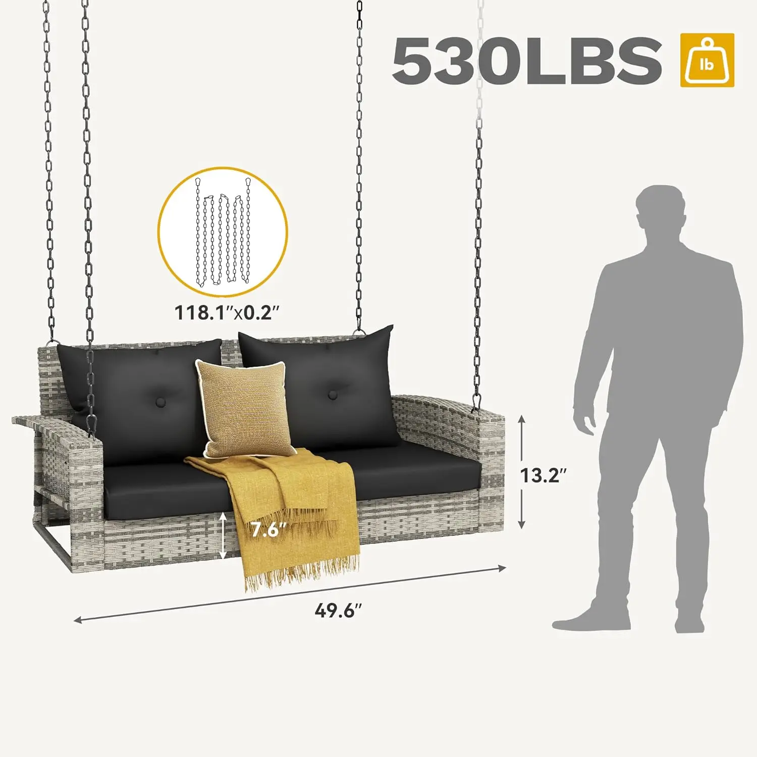 2-Seater Wicker Swing Chair. Outdoor Gray Rattan. 2 Back Cushions. 530lbs Capacity. Garden, Balcony. Gray Rattan. Black Cushion.