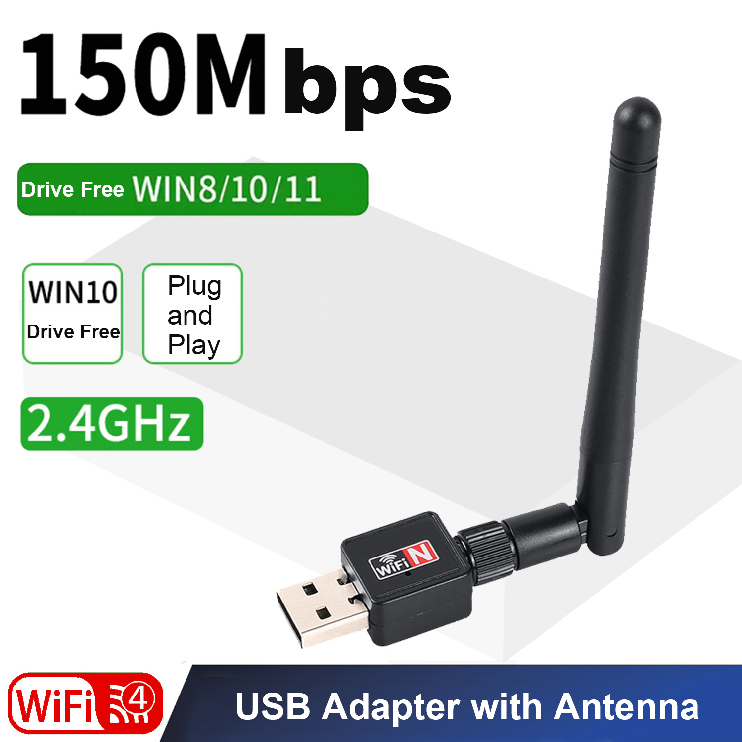 150Mbps USB Wireless Network Card 2.4Ghz WiFi Adapter with Antenna LAN Adapter WiFi4 Receiver USB Dongle 802.11 b/g/n for Laptop