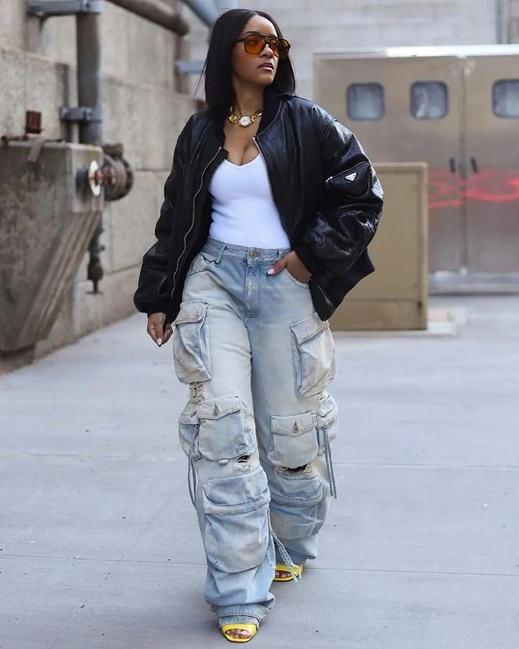 

Vintage Baggy Ripped Jeans Cargo Pants Women Streetwear Multi Pockets Button Fly High Waist Loose Casual Denim Trousers Bottoms