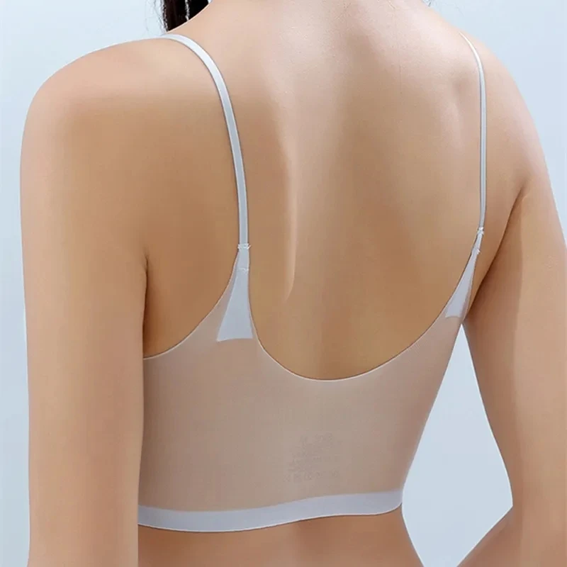 Sujetador acolchado de seda de hielo ultrafino para mujer, ropa interior sin costuras, sección delgada, Honda, chaleco trasero hermoso, Tops, pecho grande, sujetador pequeño para dormir