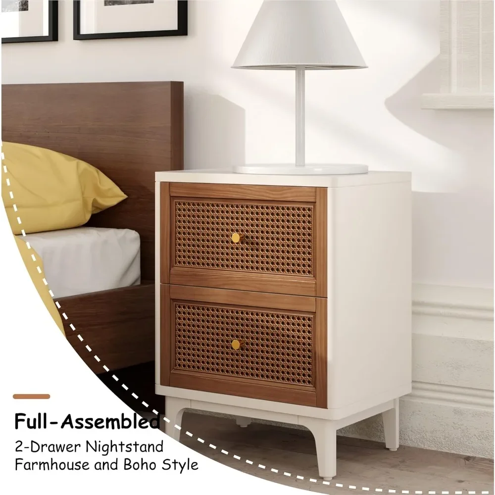 Farmhouse 3-Drawer Nightstand, Woven Cane Front Accent Dresser with Brass Pull, Fully-Assembled