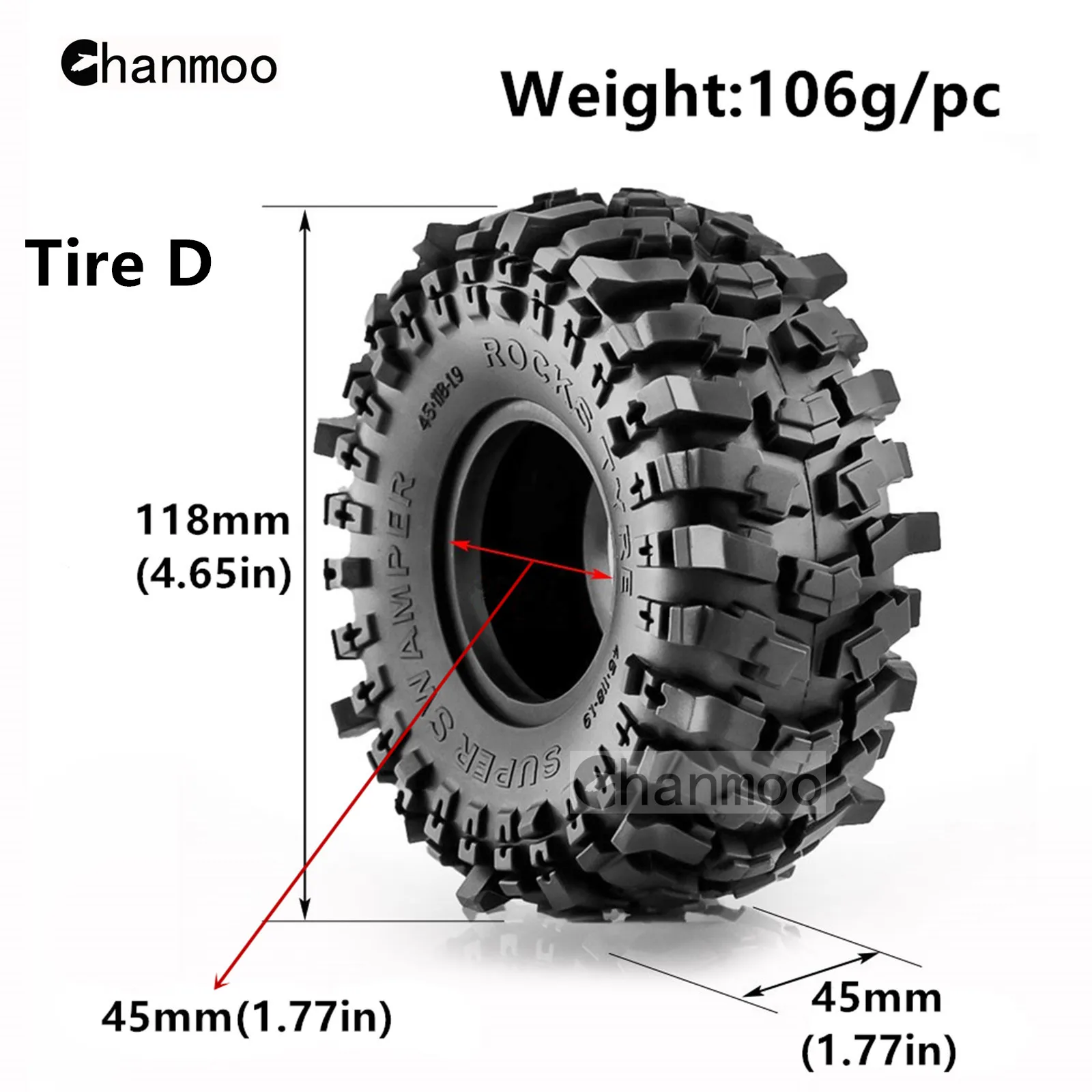 Chanmoo 1/10 RC 자동차용 크롤러 타이어, 락 휠 머드 타이어, 축 Traxxas SCX10 II III TRX4 RC4WD D90 YK4102 Gen8 Redcat, 1.9in