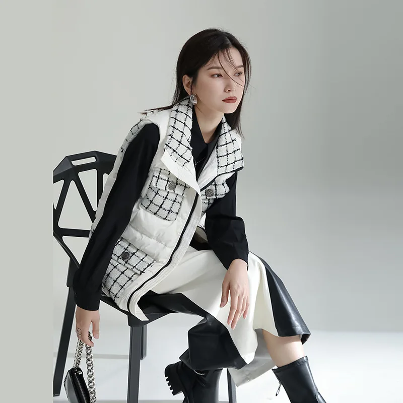 Down Vest Coat Women White Duck Outerwear Autumn Winter Square Contrast Stitching Patch Checkered Pocket Jacket Black Waistcoat