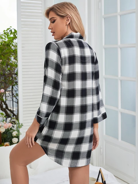 Camisa a cuadros en blanco y negro para mujer, ropa de dormir Sexy, vestido  de noche