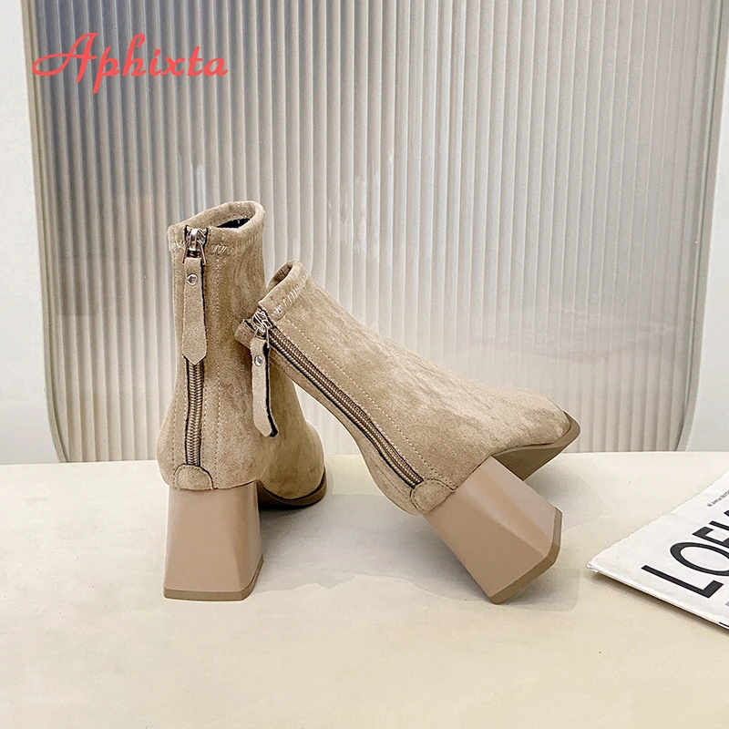 Aphixta Suede Upper Fringe Dec Women Ankle Boots 10cm High Heels Platform Woman Shoes Chunky Heel Lace Up Fashion Ladies Shoes