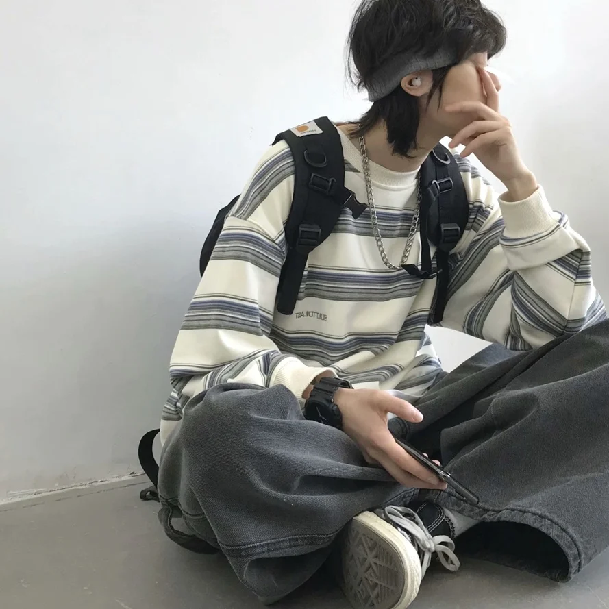 아메리칸 스타일 y 스트라이프 긴 소매 티셔츠 십대를위한 게으른 스타일 스웨트 내부 착용 캐주얼 올 시즌 코튼 블렌드