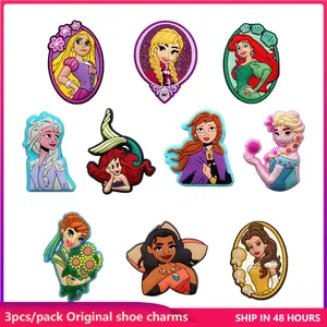 3 Pack Disney Princess PVC Shoe Charms Decorations Cute Rapunzel Elsa Anna Ariel Moana Belle Upper Buckle Accessories Clogs Clip