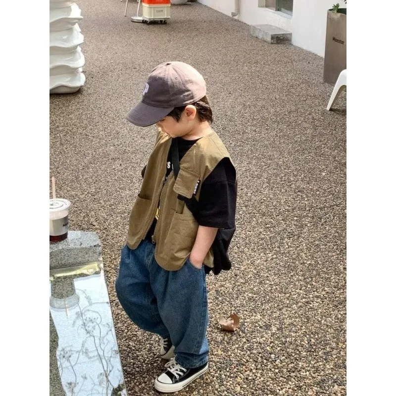 남아용 더블 레이어 조끼, 스트리트 스타일 재킷, 세련된 트렌디, 어린이 용수철, 가을 조끼, 2022 신상