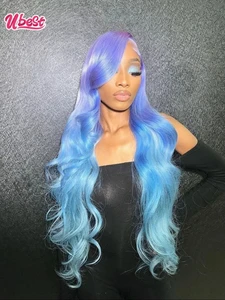 Ubest Ombre Purple Blue13X6 Human Hair Wig Colored Body Wave 13x4 Transparent Lace Front Human Hair Wigs for Women Glueless Wigs