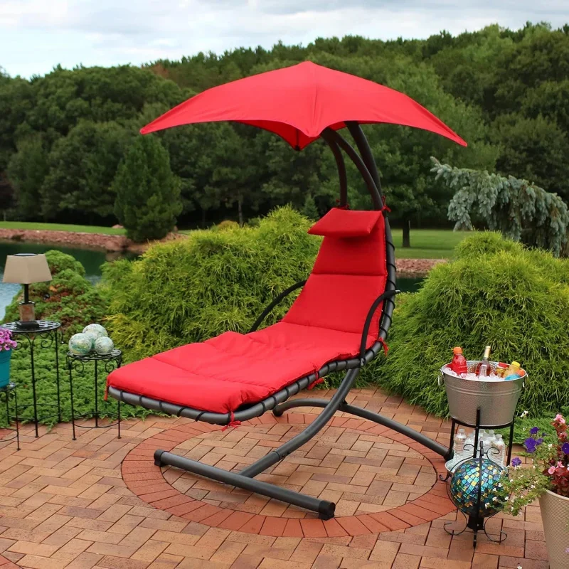 Floating Chaise Lounger-Outdoor Hanging Patio Swing Chair with Canopy and Arc Stand-260-Pound Capacity Red 79 Inches Lon