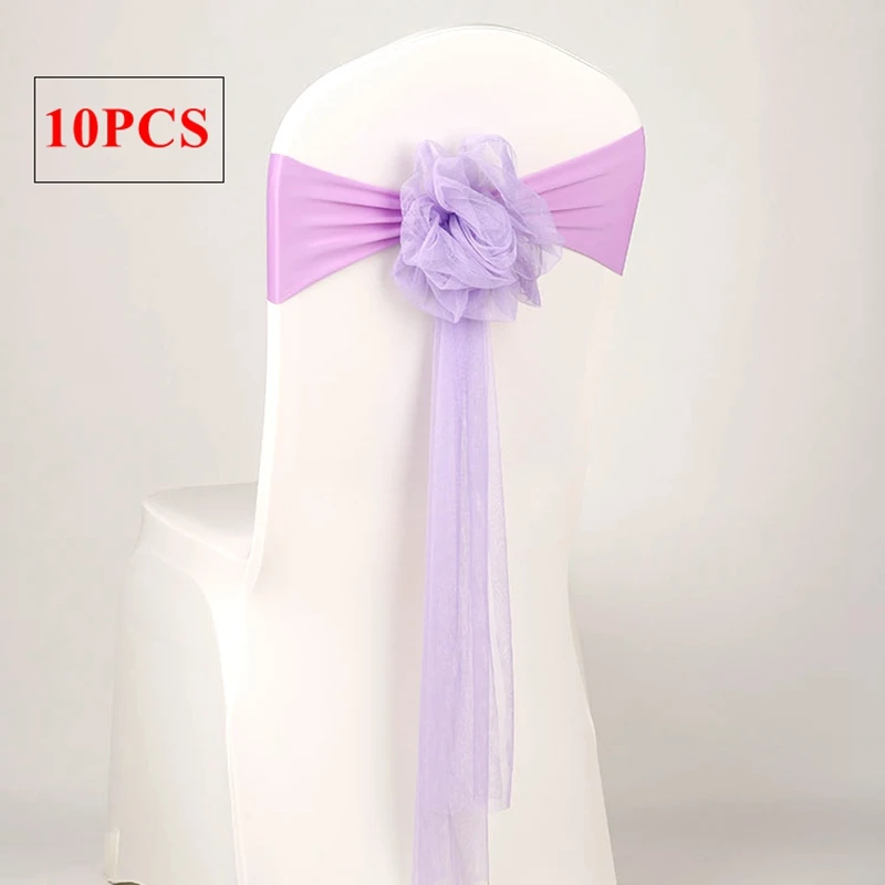 

10pcs Lot Lycra Chair Band With Organza Sash Ball For Wedding Chair Cover Event Party Hotel Decoration