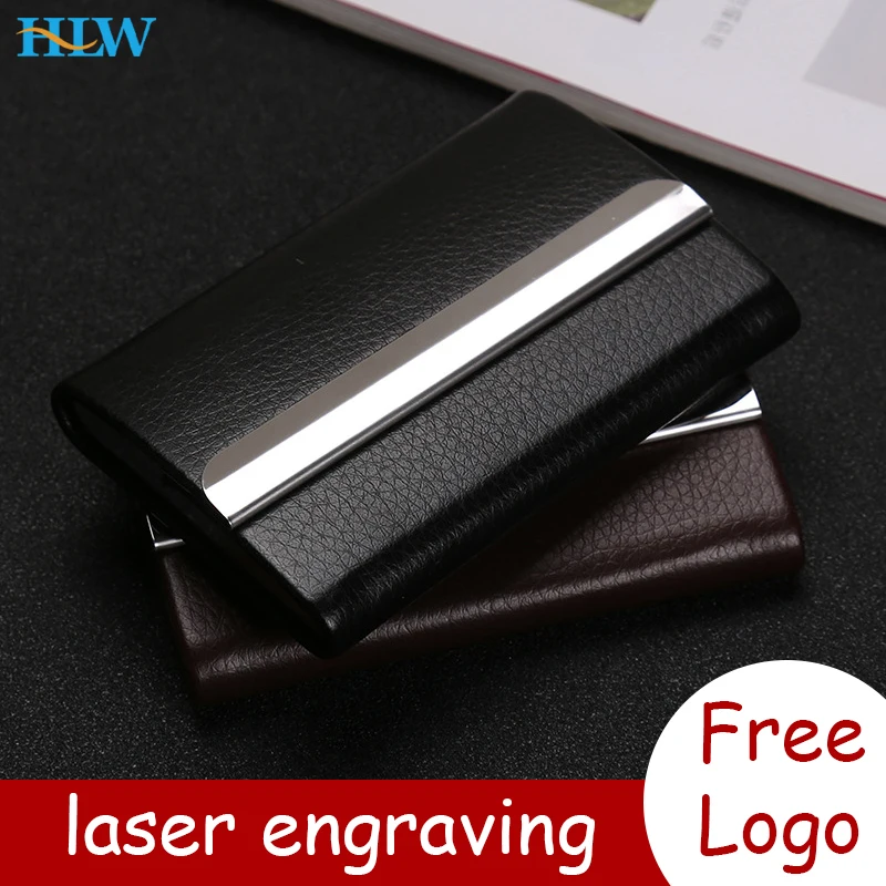 Laser Engraved LOGO Luxury Business Card Credit Card Holder Stainless Steel PU Metal Box Business Card Holder Wallet Gift