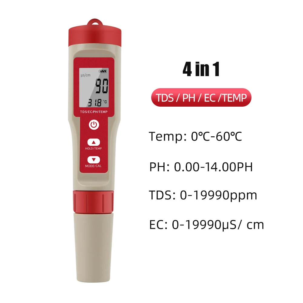 4 in 1 PH Meter PH/TDS/EC/Temperature Meter Digital Water Quality Monitor Tester for Pools Drinking Water Aquariums