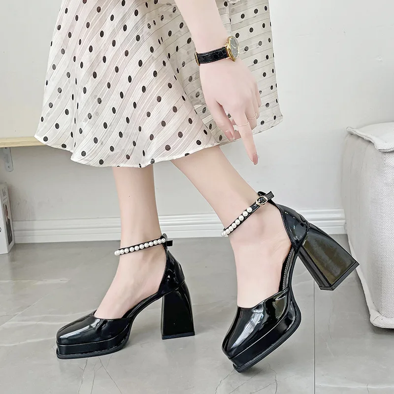 Mary Jane Female High Heels Spring Summer Women's Chunky Heel Sandals One Word Tape Big Bowknot Elegant Party Ladies Pumps