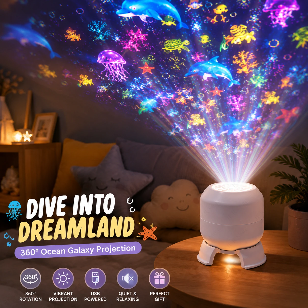 Proyector LED de noche Starry Ocean con rotación 360°