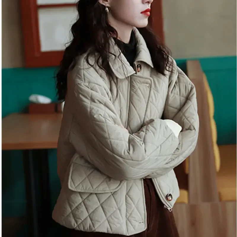 

New Checkered Diamond Loose Korean POLO Collar Cotton Jacket Short and Warm, Thickened Cotton Jacket for Women's Fashion