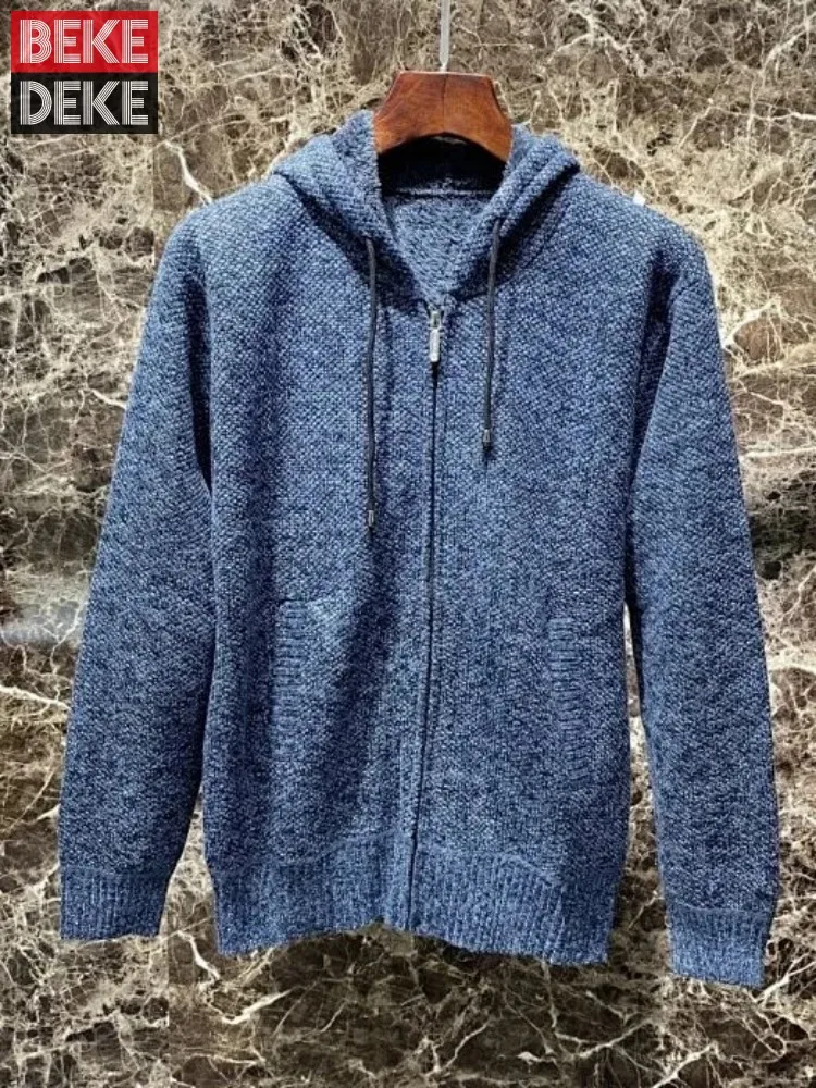 

Thicken Fleece Liner Sweater Cardigan Jacket Men Business Casual Long Sleeve Winter Outerwear Zipper Harajuku Hooded Knitted Top