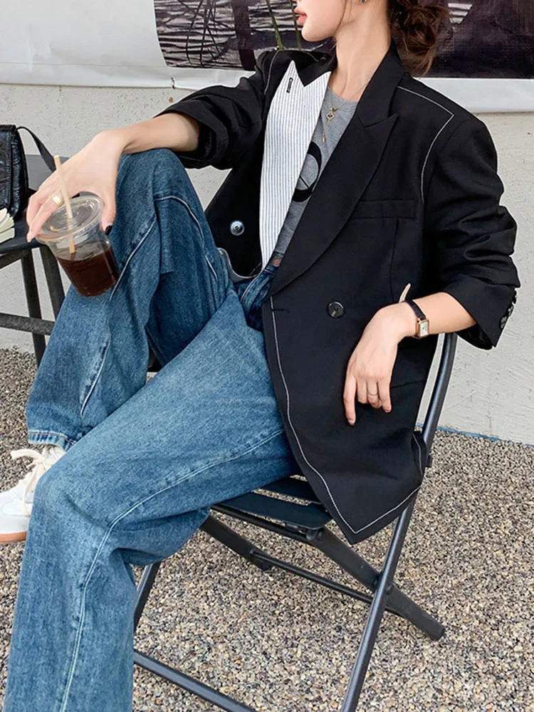 BZVW Black Asymmetric Contrasting Color Blazer For Women Jacket 2023 Autumn New Versatile Designer Suit Jacket Female 25X5001