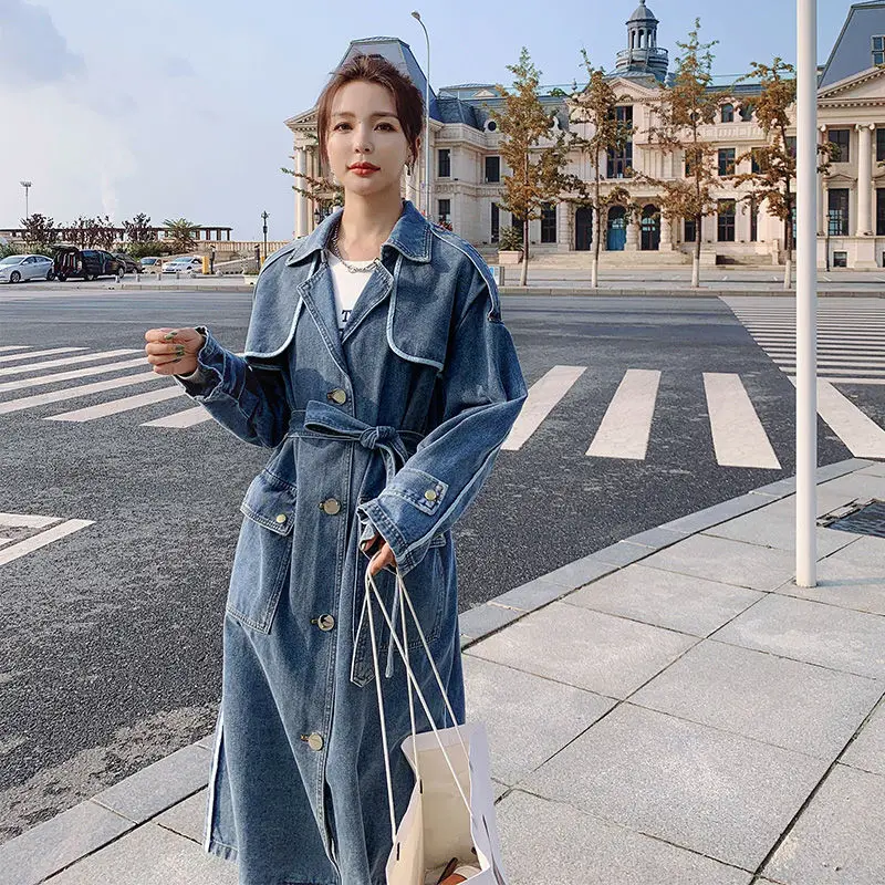 

SuperAen Denim Trench Coat Women's 2023 New Korean Loose and Fashion Coat Turn Down Collar Long Coat