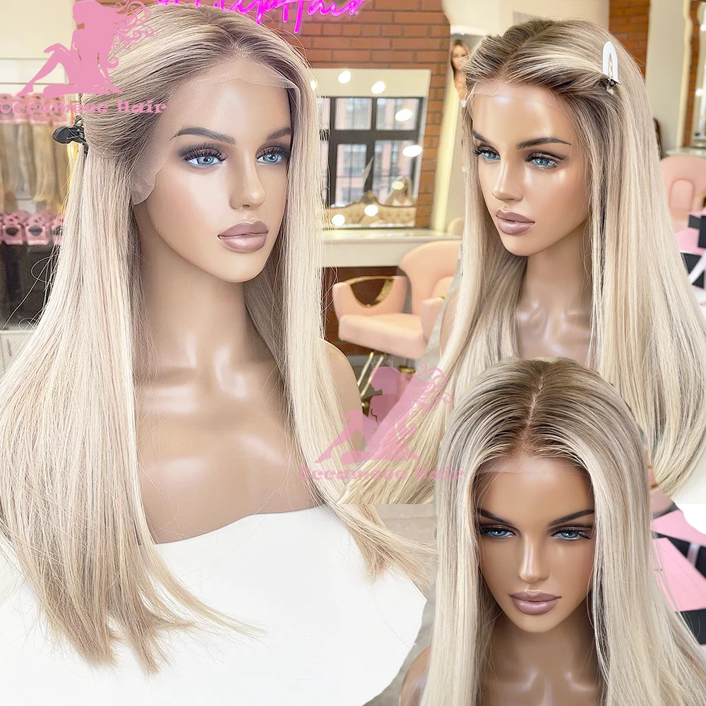 

Ash blonde Straight Human Hair Lace Frontal Wig Highlight HD Transparent Lace Front Wigs Brazilian Hair Preplucked Colored Wigs