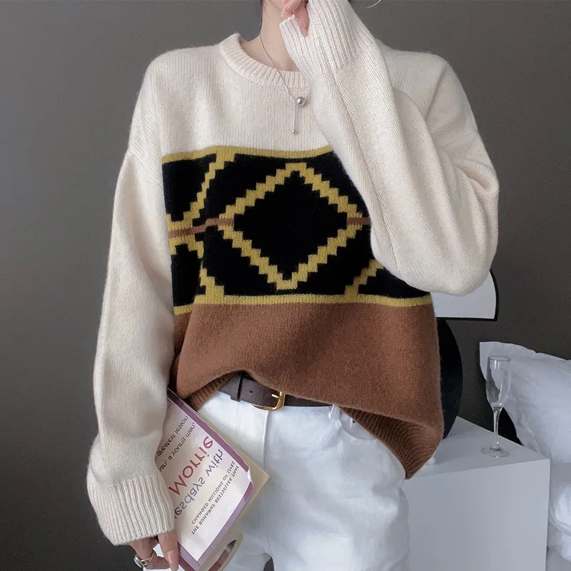 Baggy Style Colorblock Pullover – Soft Woollen Knit Sweater