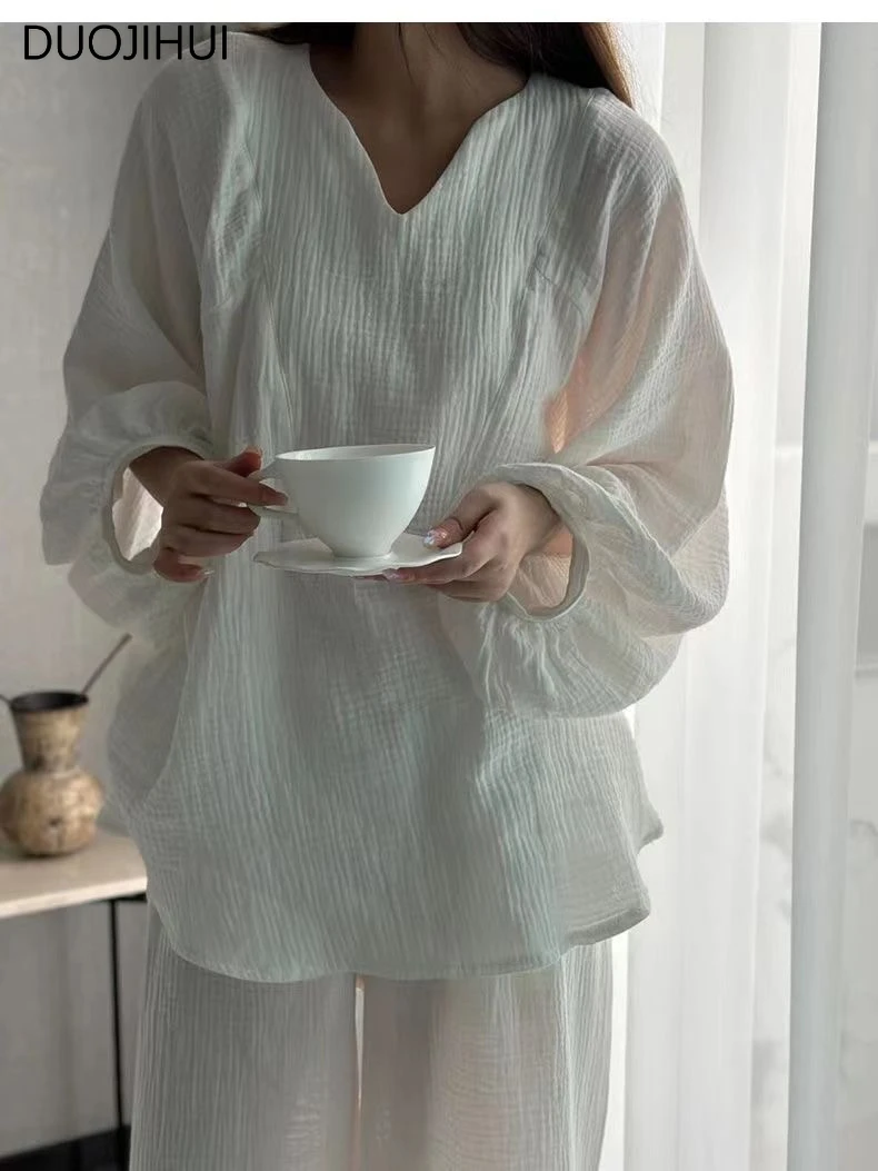 DUOJIHUI Korean Solid Color Casual Home Pajamas for Women Female New Basic Long Sleeve Pullovers Simple Pant Fashion Pajamas Set
