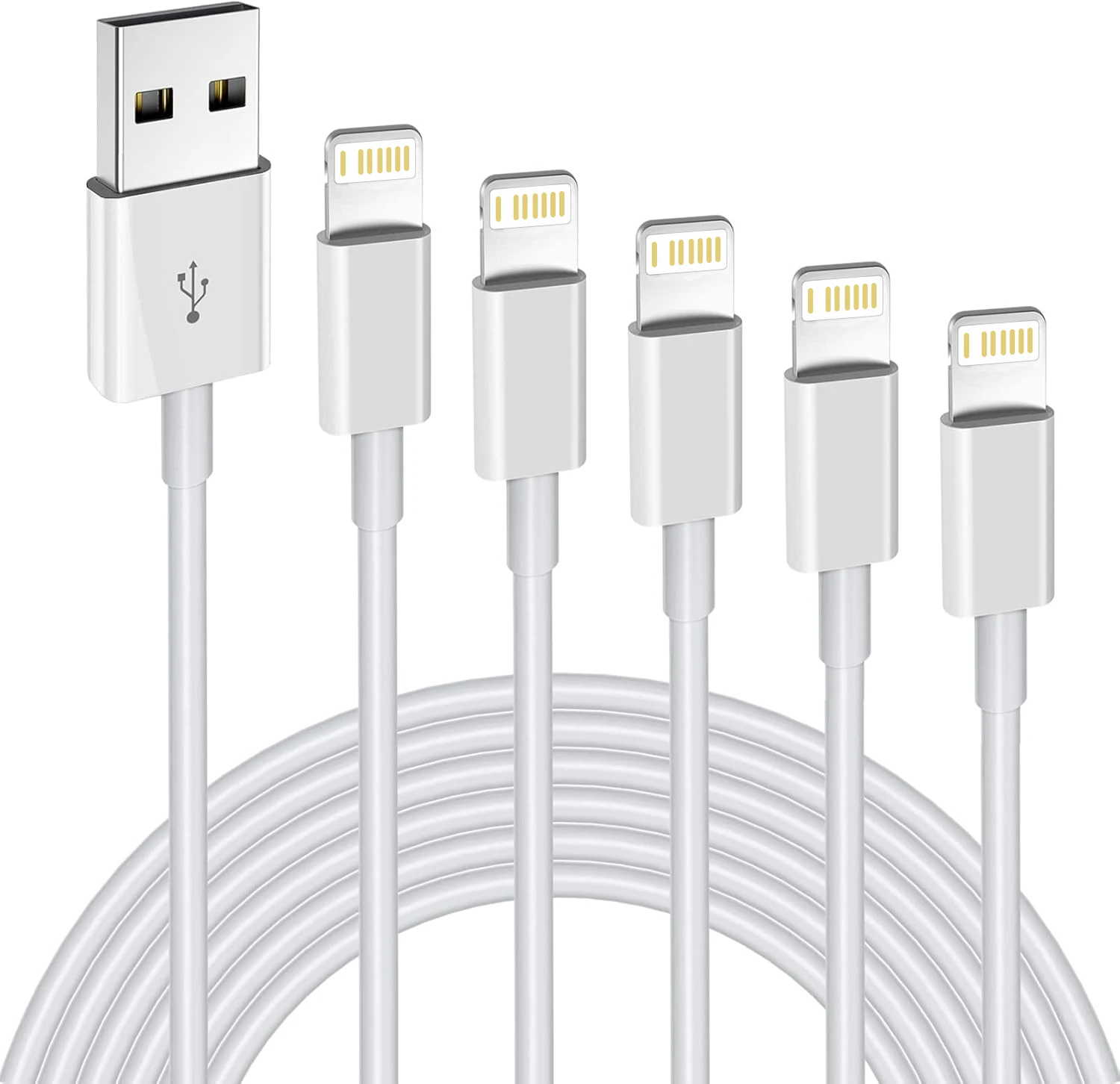 5 Pack USB to Lightning Charging Cables - Super Fast Charge, Data Transfer, Multiple Length Options
